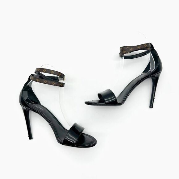 LOUIS VUITTON Fluer Call Back Black Sandal Heels Size 39 Logo Leather Monogram - Picture 8 of 13